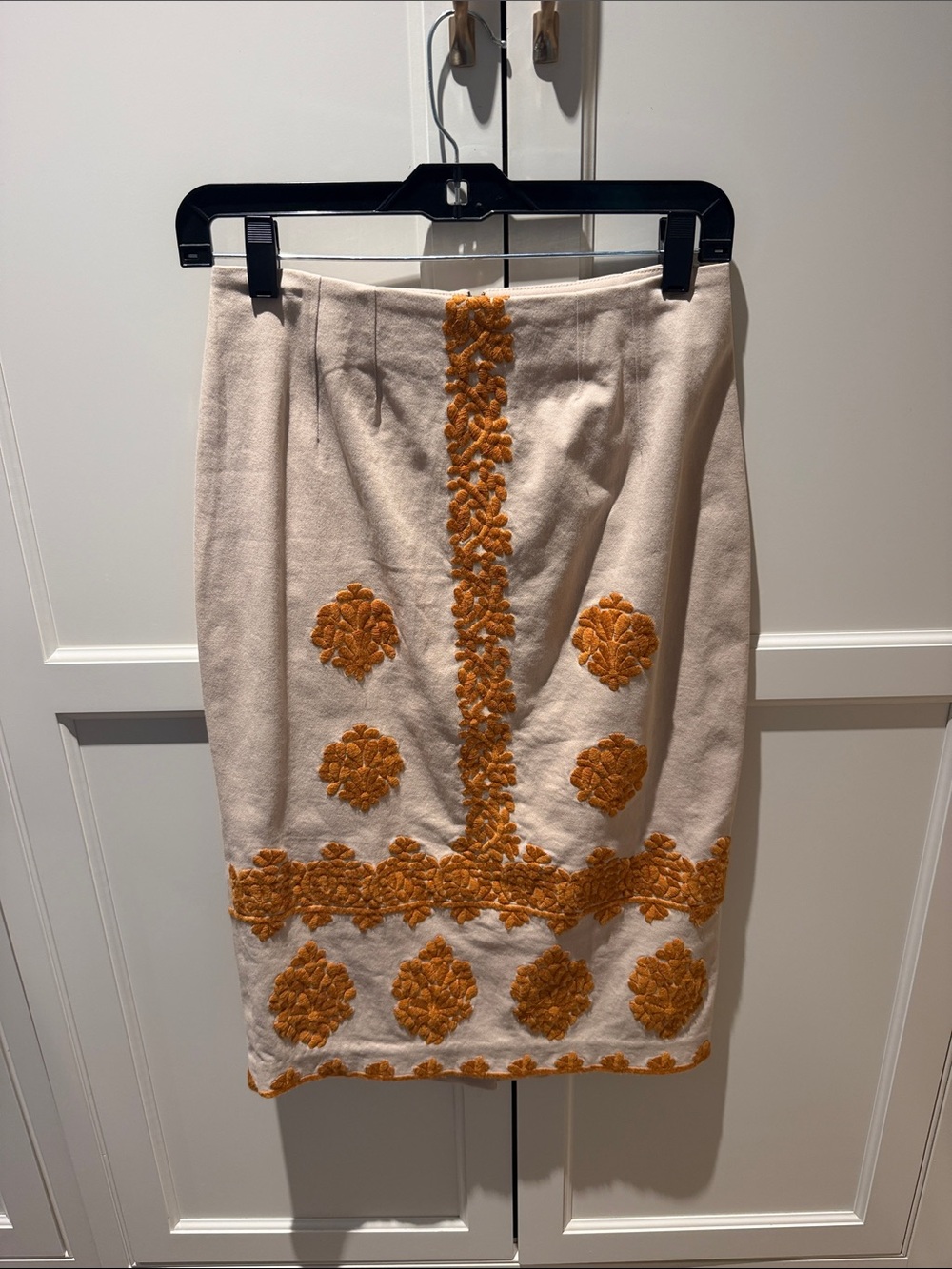 Anthropologie Cream Pencil Skirt with Orange Embroidered Accents